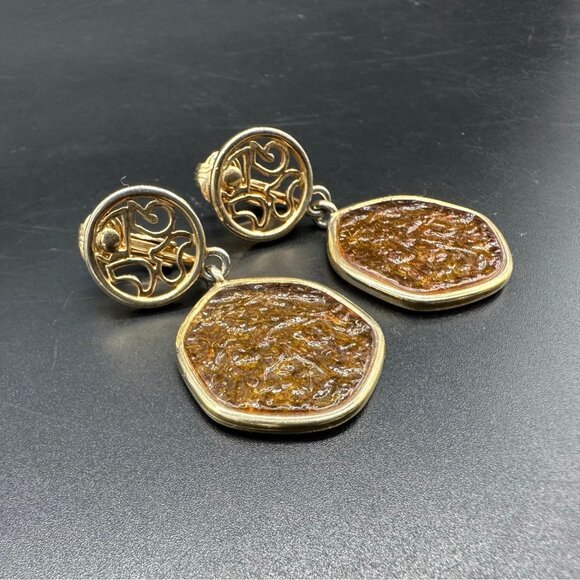 Sarah Coventry Jewelry - Vintage Clip On Earrings Sarah Coventry Honey Amber Dangle 1970s Retro Gold Tone